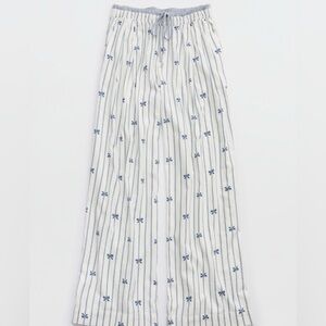 Aerie NWT Street Flannel Trouser PJ, Marbled Blue color with bow design.